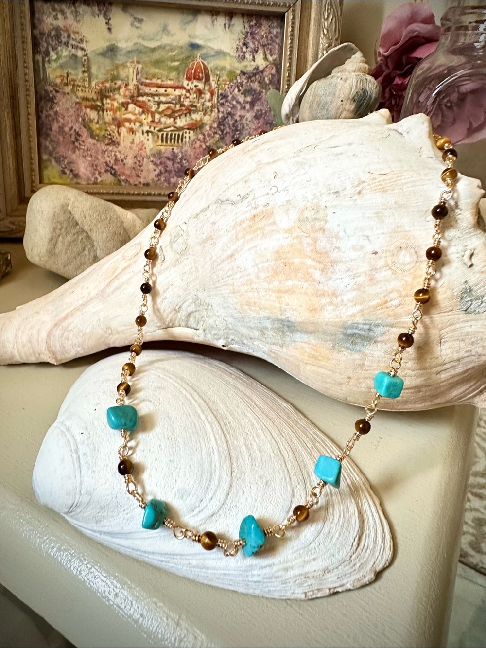 Turquoise & Tiger Eye Necklace with Gold Chain - Genuine Stones